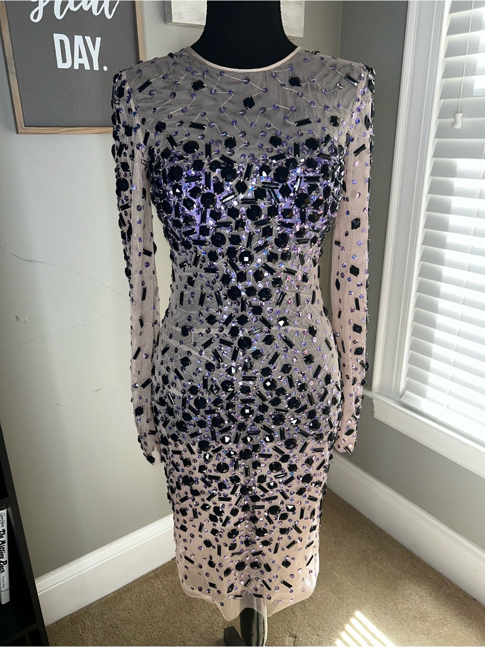 Anny Lee Purple Black Crystal Beaded Illusion Dress Size 8 NWT